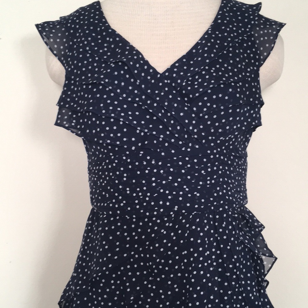 Adrianna Papell Navy&White Polka Dot Ruffle Dress